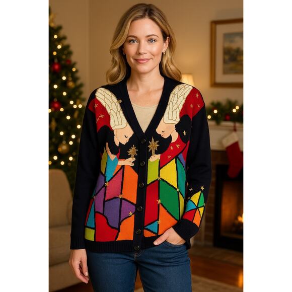 Storybook Knits Sweaters - Vintage Storybook Knits Cardigan Sweater Angel Cathedral Patchwork Holiday 1X